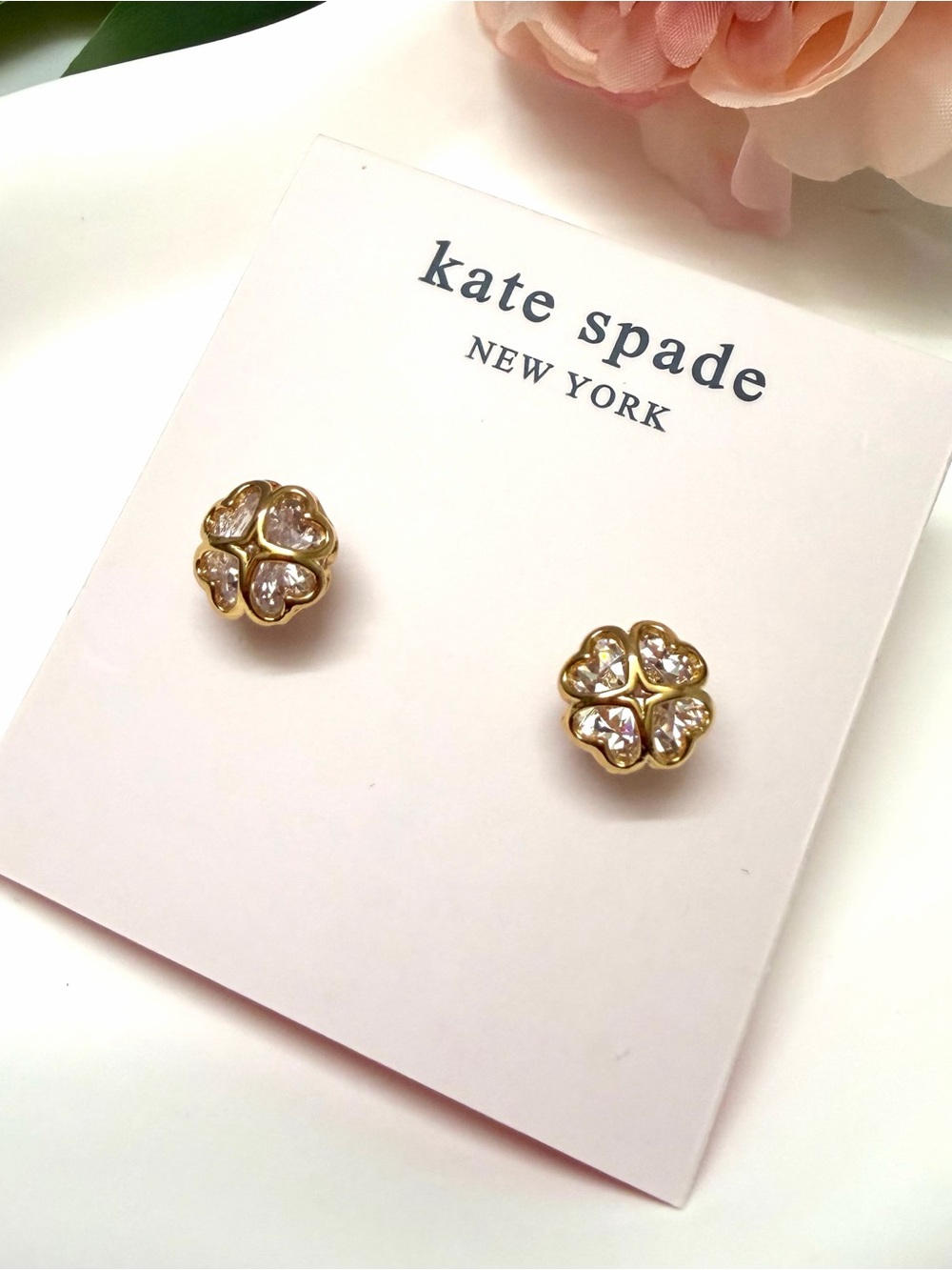 kate spade Gold and Clear Crystal heart/clover Stud Earrings
